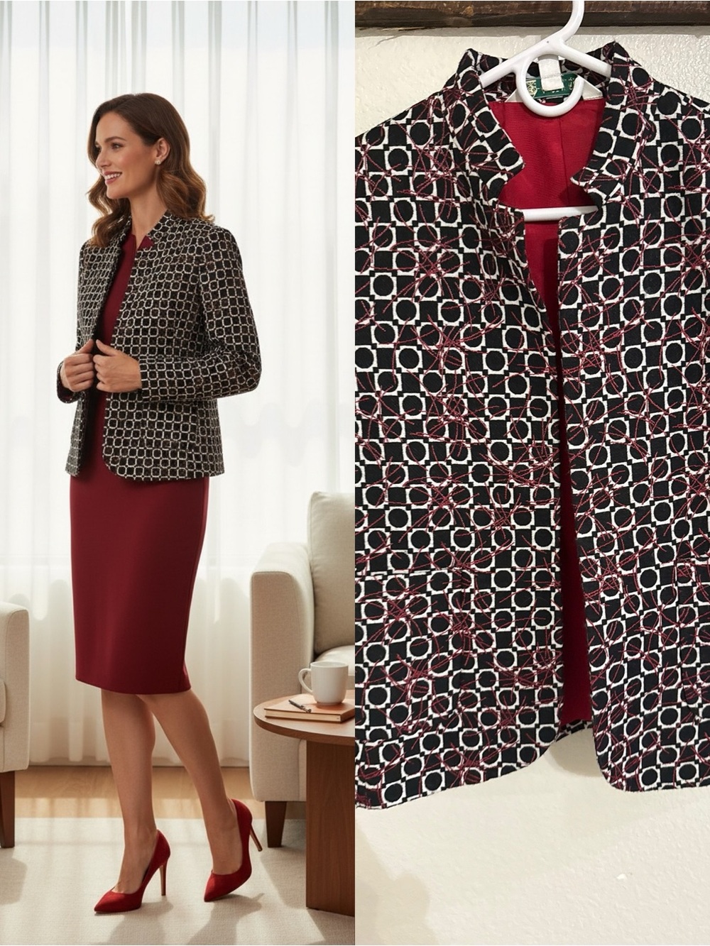 Austin Reed London New York Jacket 10 Black White Red Geometric Career Blazer